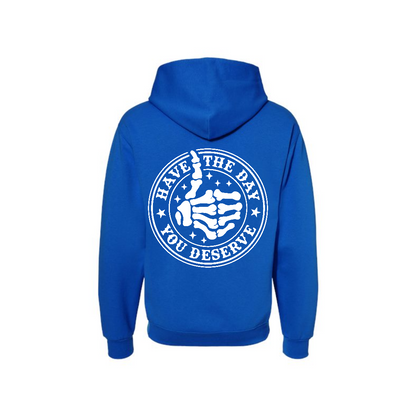 Royal Have the Day You Deserve graphic hoodie, back view showing the circular skeleton hand graphic.