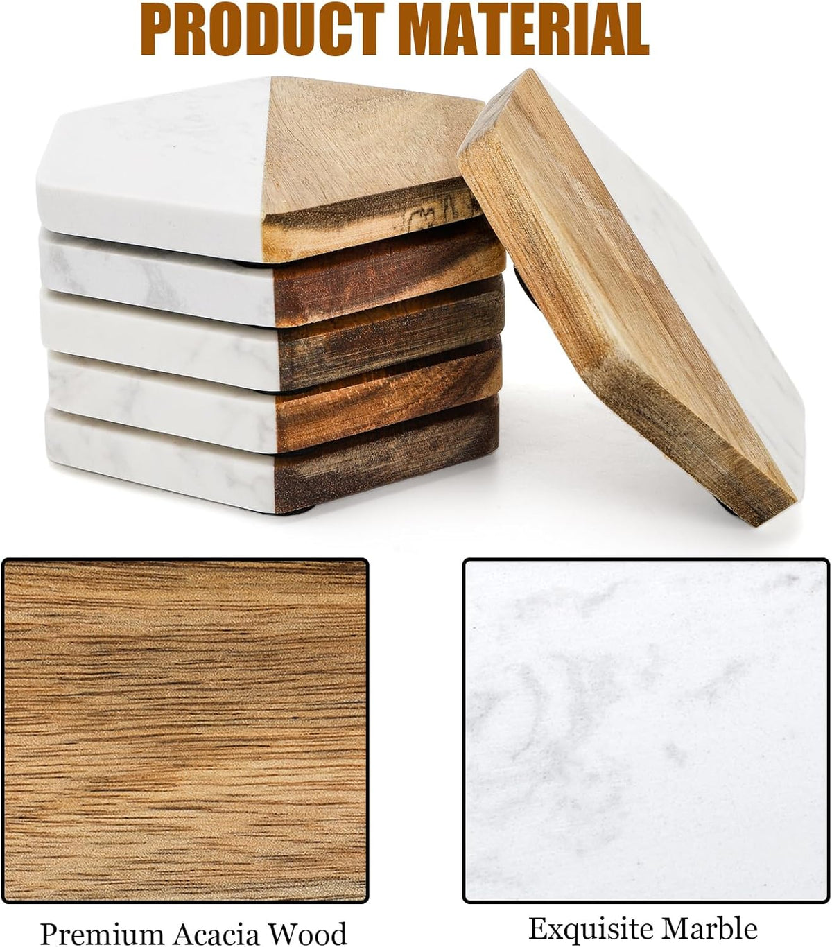 Hexagonal coaster material diagram showing acacia wood and white marble.