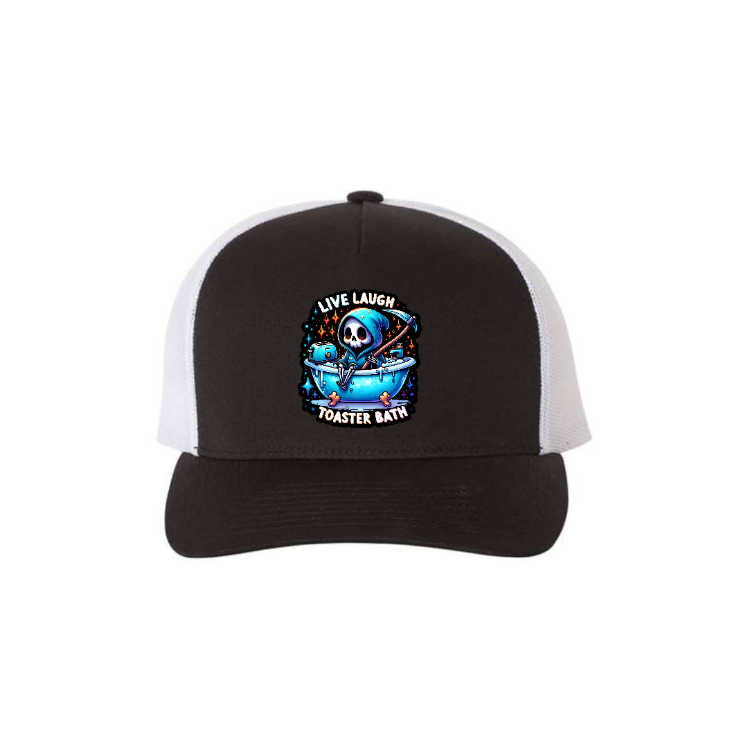 Live, Laugh, Toaster Bath 5-panel trucker hat in black with white mesh, front product mockup showing a black patch showing a Grim Reaper in a bathtub.