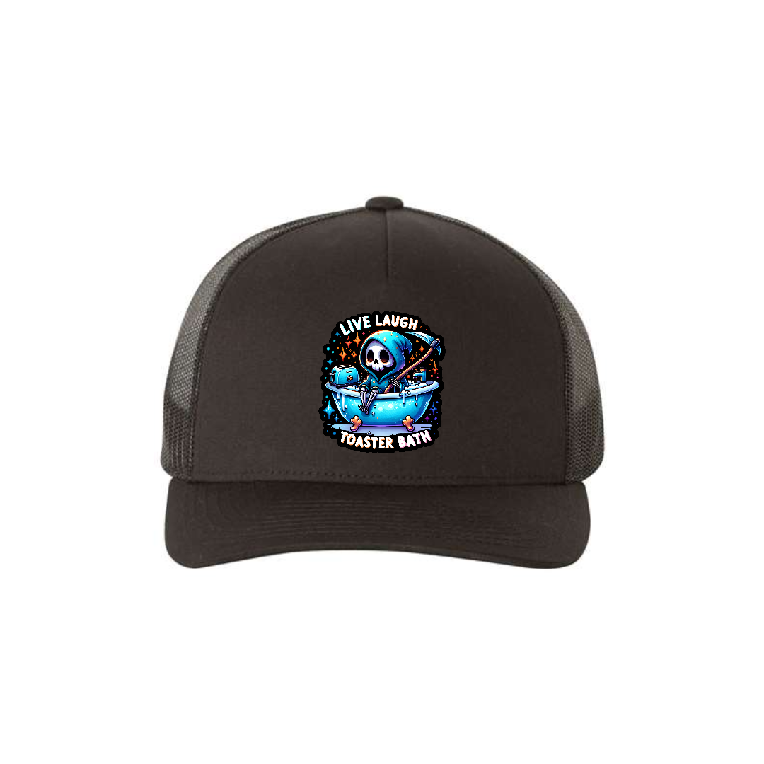 Live, Laugh, Toaster Bath 5-panel trucker hat in black, front product mockup showing a black patch showing a Grim Reaper in a bathtub.