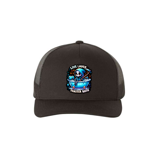 Live, Laugh, Toaster Bath 5-panel trucker hat in black, front product mockup showing a black patch showing a Grim Reaper in a bathtub.