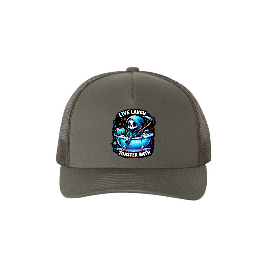 Live, Laugh, Toaster Bath 5-panel trucker hat in charcoal, front product mockup showing a black patch showing a Grim Reaper in a bathtub.