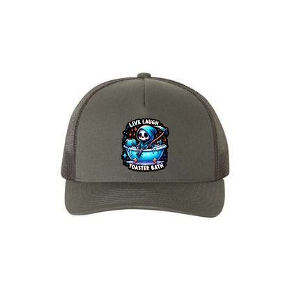 Live, Laugh, Toaster Bath 5-panel trucker hat in charcoal, front product mockup showing a black patch showing a Grim Reaper in a bathtub.