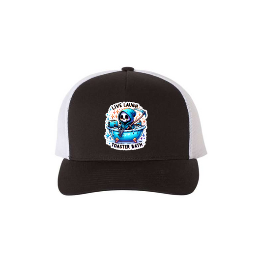 Live, Laugh, Toaster Bath 5-panel trucker hat in black with white mesh, front product mockup showing a white patch showing a Grim Reaper in a bathtub.