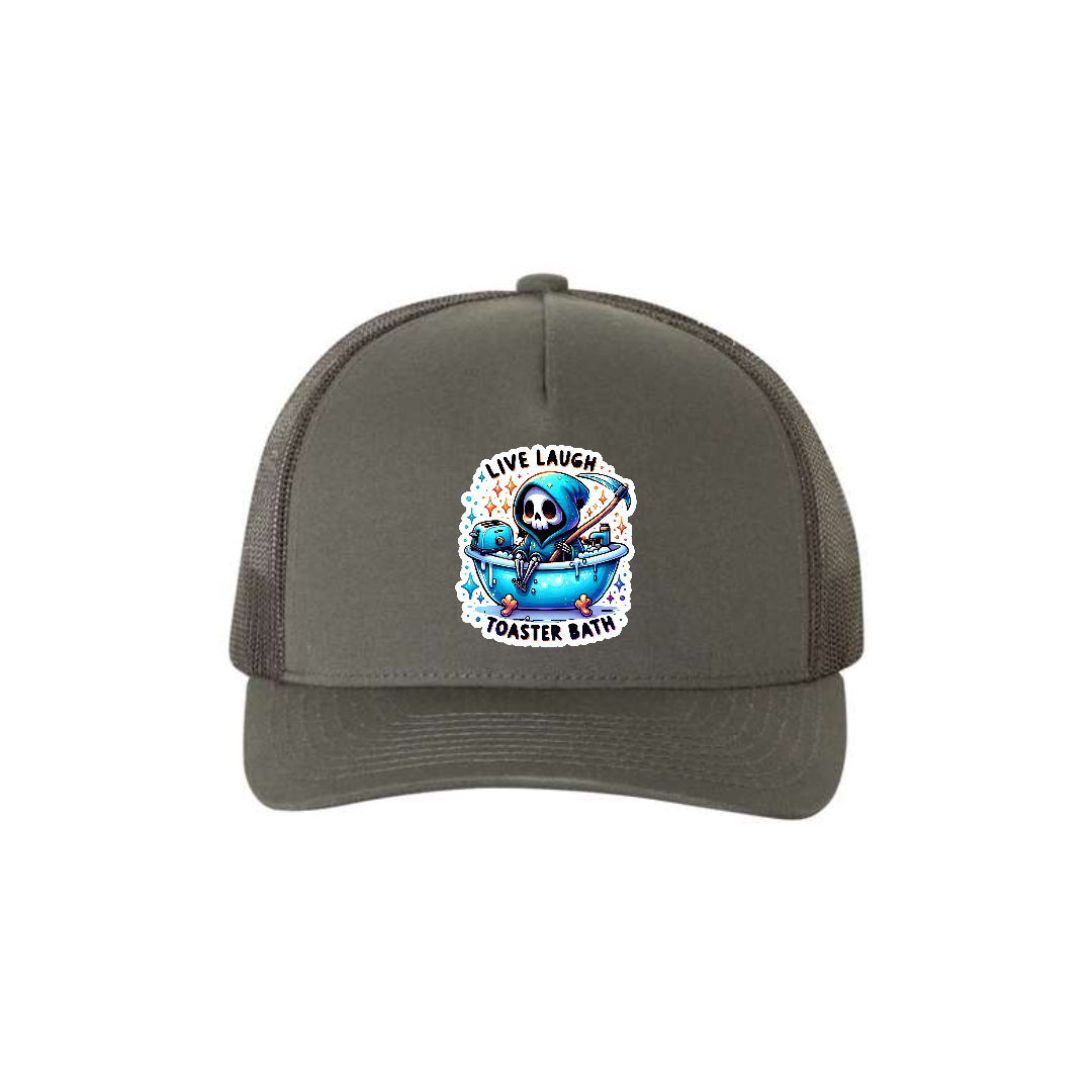 Live, Laugh, Toaster Bath 5-panel trucker hat in charcoal, front product mockup showing a white patch showing a Grim Reaper in a bathtub.