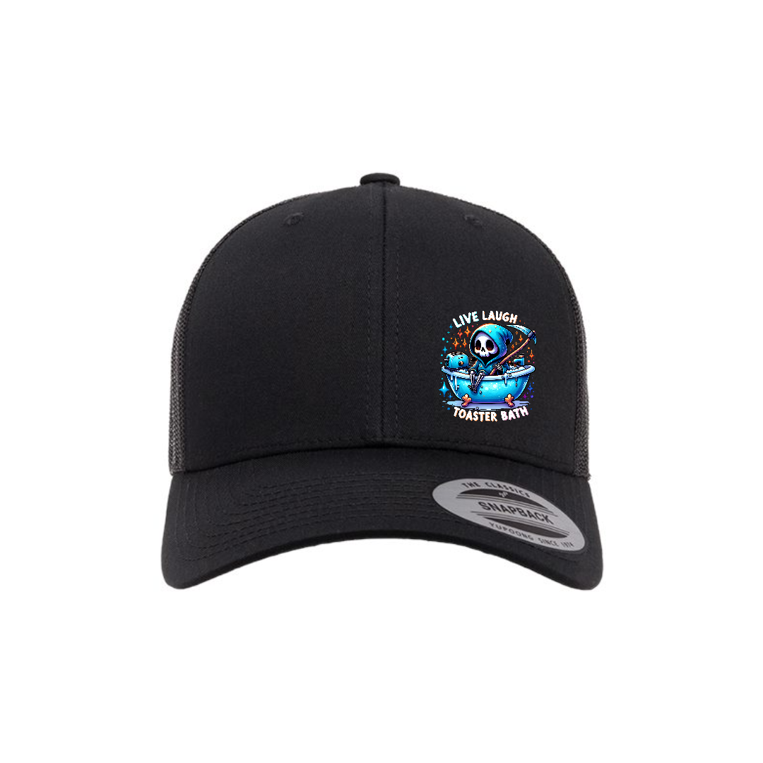 Live, Laugh, Toaster Bath 6-panel trucker hat in black, front product mockup showing a colourful Grim Reaper bathtub patch.