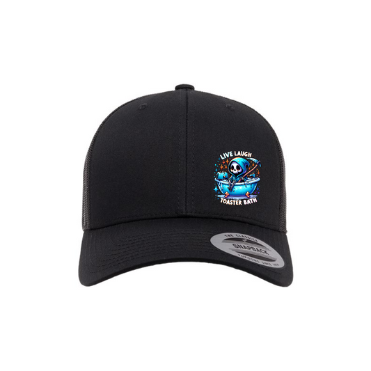Live, Laugh, Toaster Bath 6-panel trucker hat in black, front product mockup showing a colourful Grim Reaper bathtub patch.