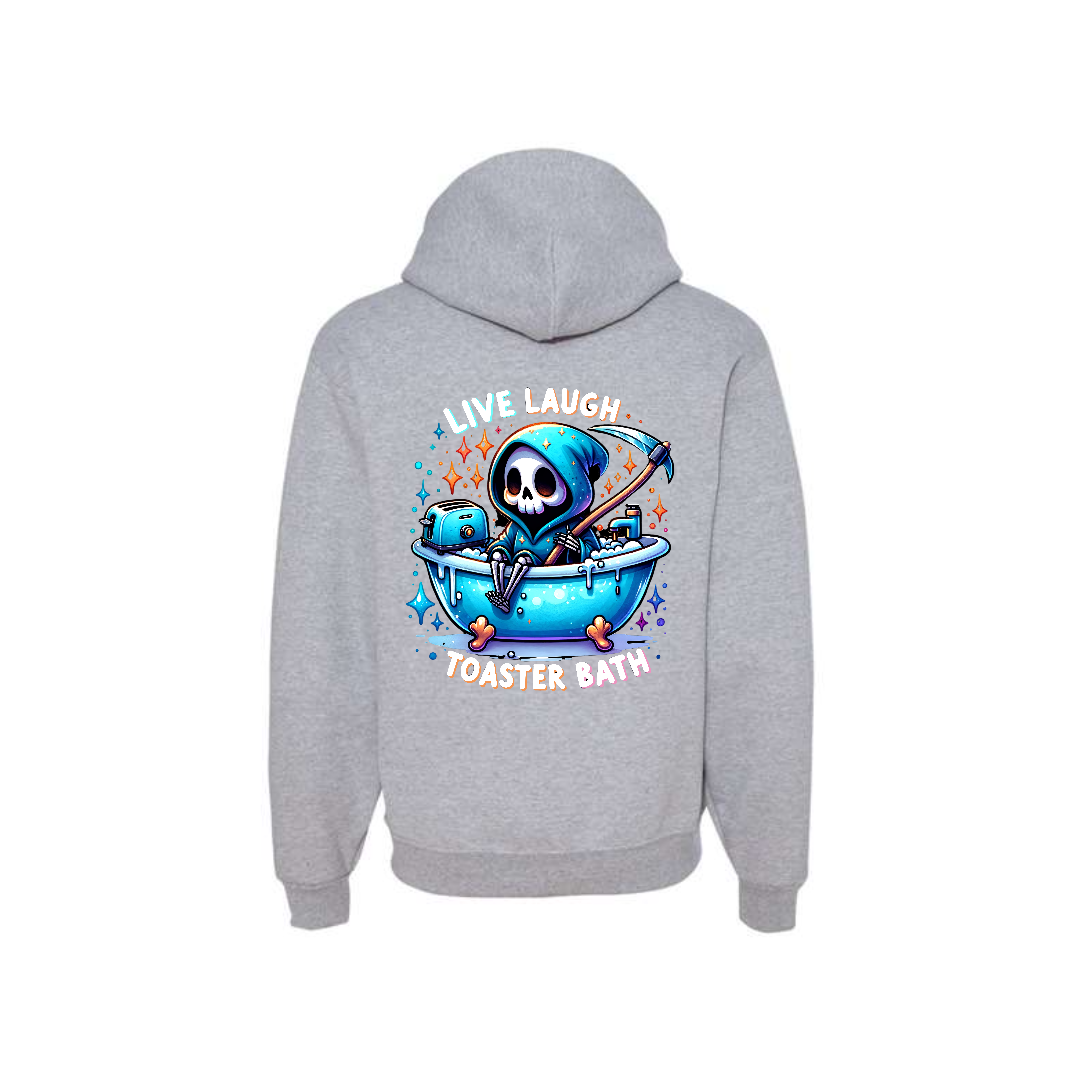 Athletic Heather Live Laugh Toaster Bath graphic hoodie, back view showing the grim reaper and toaster bath graphic.