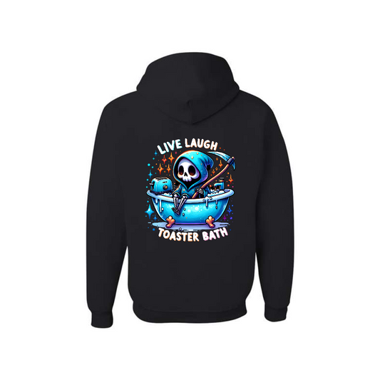 Black Live Laugh Toaster Bath graphic hoodie, back view showing the grim reaper and toaster bath graphic.
