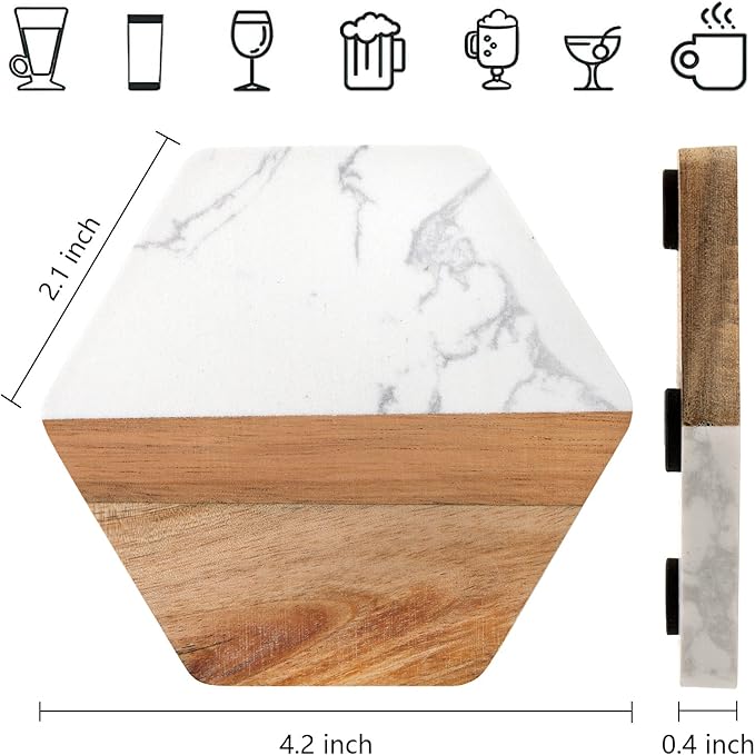 Hexagonal coaster with marble and wood design, measurements shown for laser engraving for corporate gift giving.
