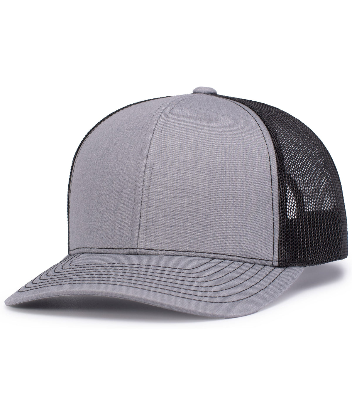 Pacific Headwear 104S contrast stitch trucker hat in Heather Grey/Black/Heather Grey, angled front view.