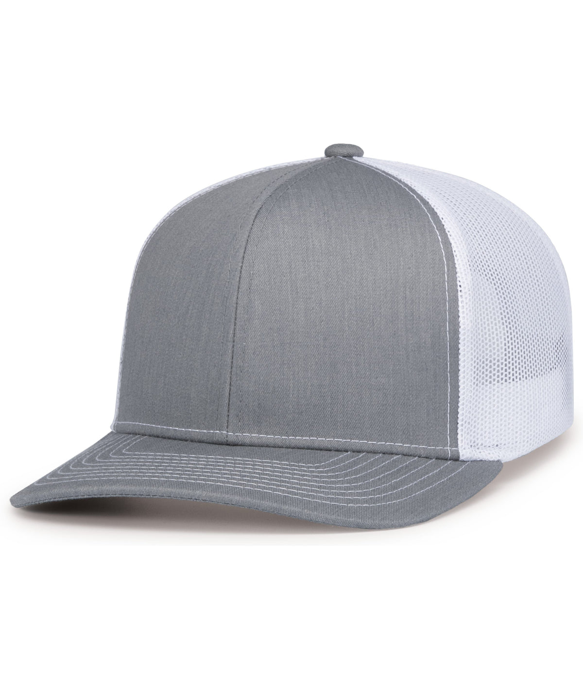 Pacific Headwear 104S contrast stitch trucker hat in Heather Grey/White/Heather Grey, angled front view.