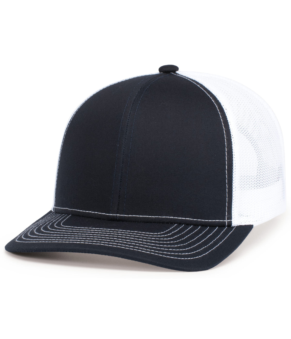 Pacific Headwear 104S contrast stitch trucker hat in Navy/White/Navy, angled front view.