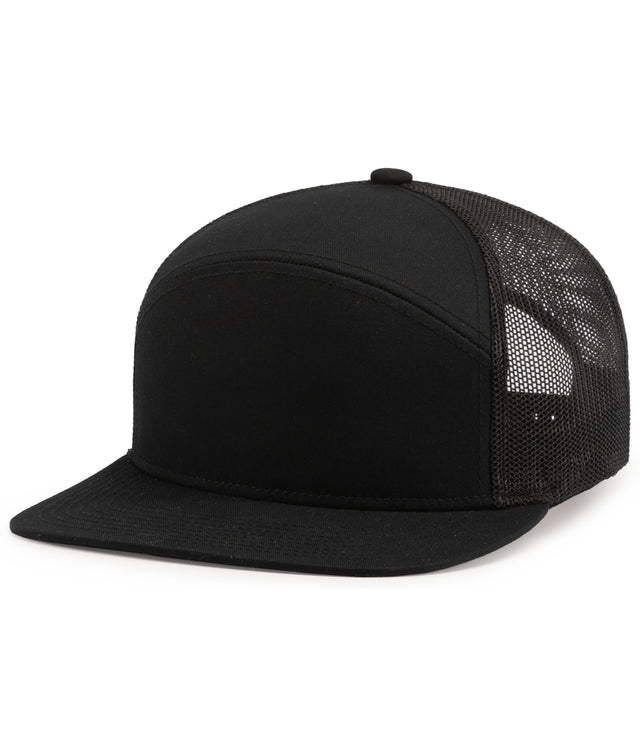 Pacific Headwear P787 six-panel trucker hat in Black, angled front view.