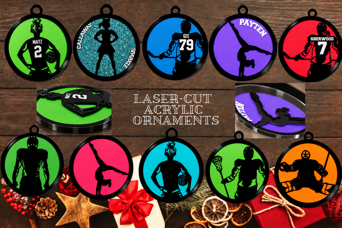 Collage of personalized layered acrylic Christmas ornaments for cheerleading, volleyball, hockey and gymnastics, with names, numbers and coloured backgrounds.