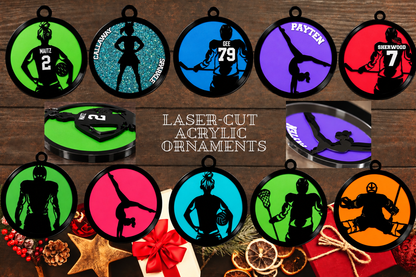 Collage of personalized layered acrylic Christmas ornaments for cheerleading, volleyball, hockey and gymnastics, with names, numbers and coloured backgrounds.