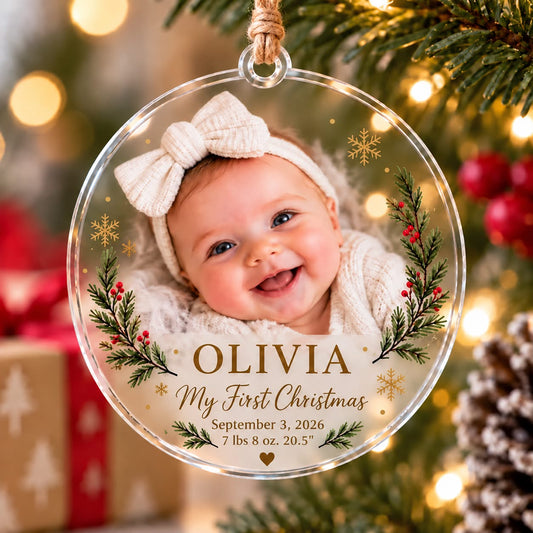 Baby's first Christmas photo ornament with Olivia's name, birth details and festive greenery on clear acrylic.