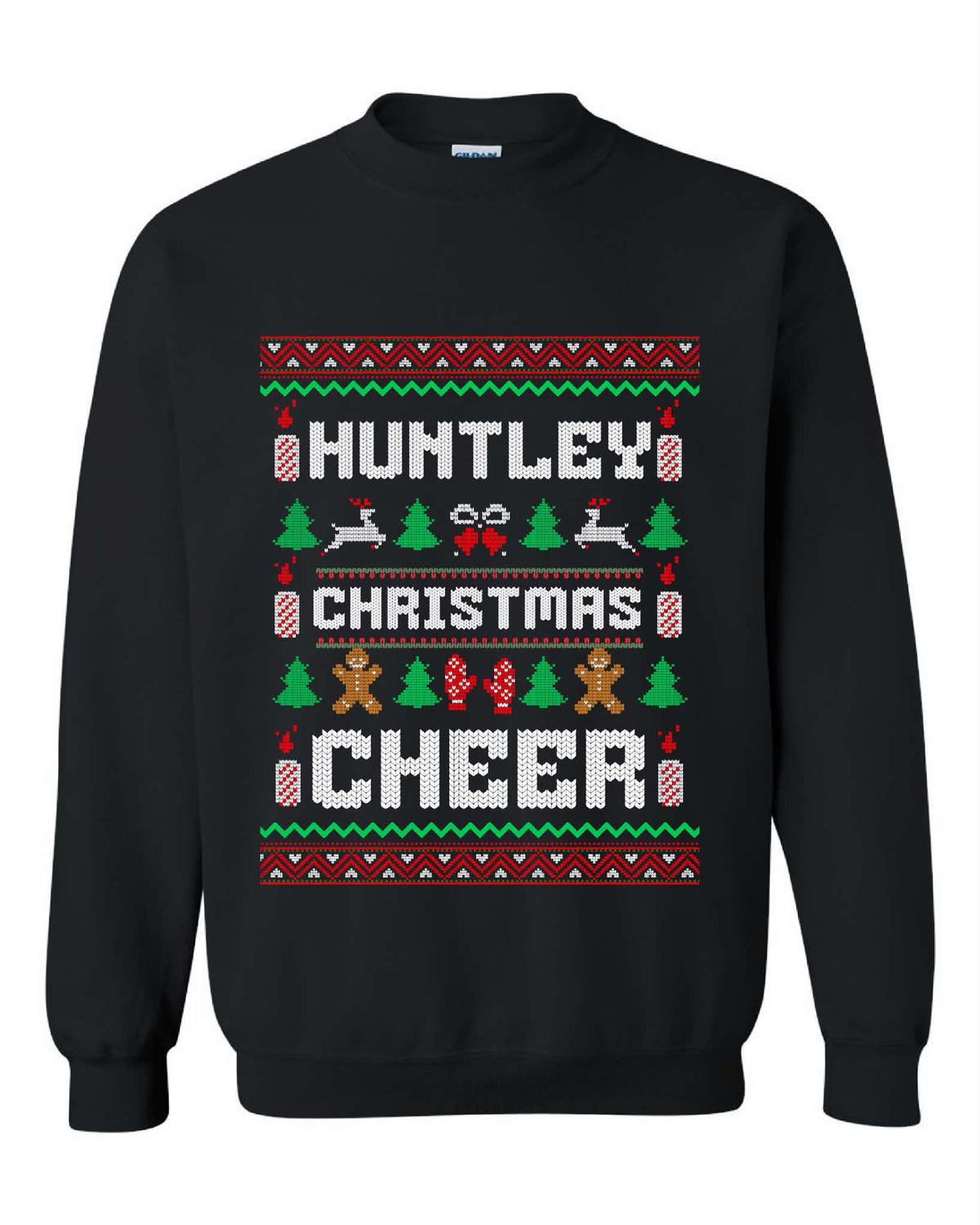 Black personalized Christmas Cheer crewneck sweater with a family name, reindeer, Christmas trees and gingerbread figures.