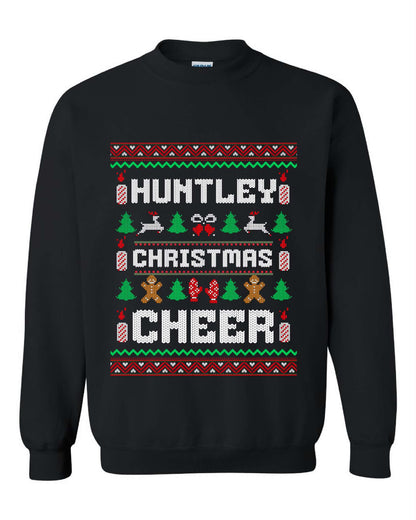Black personalized Christmas Cheer crewneck sweater with a family name, reindeer, Christmas trees and gingerbread figures.