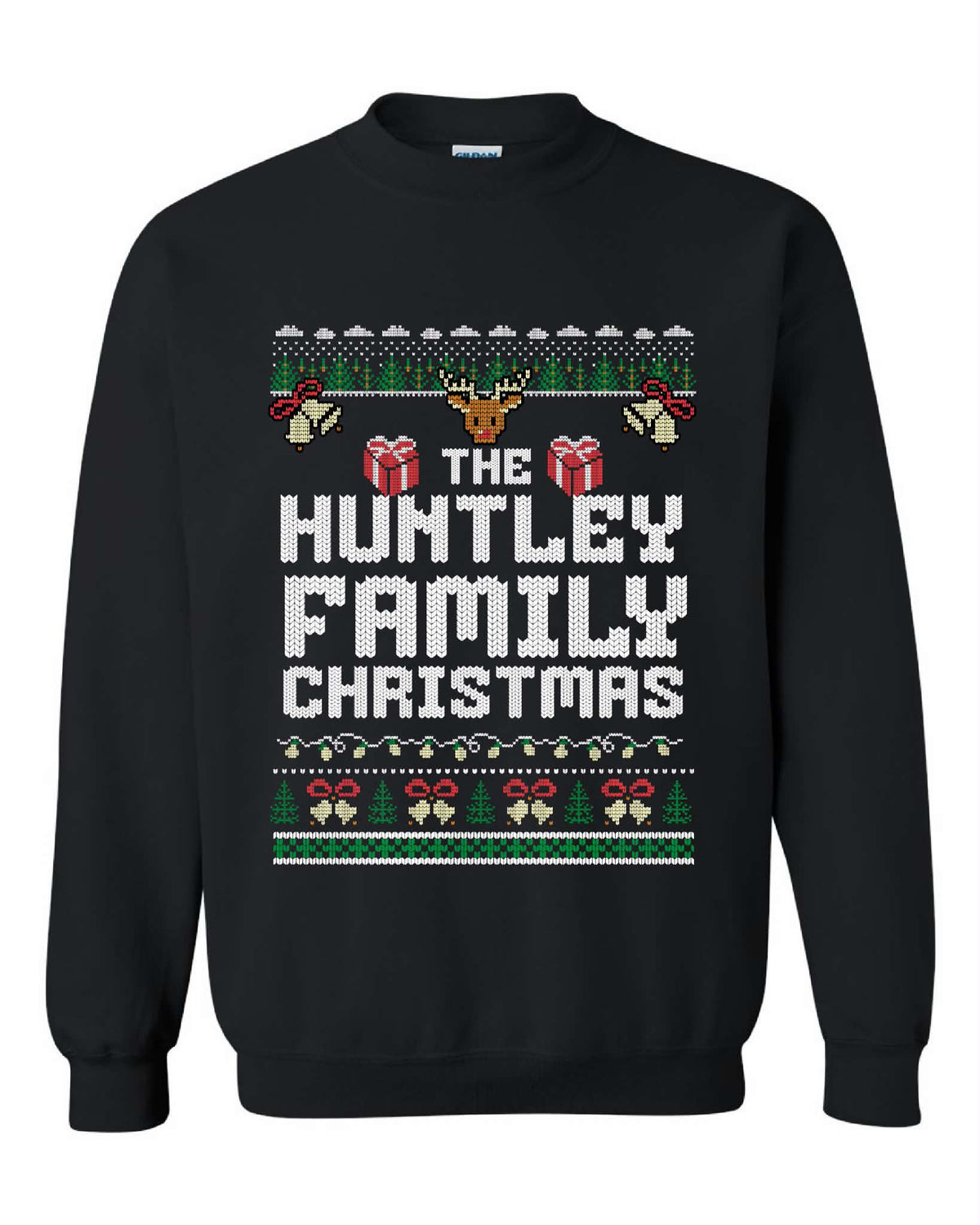 Black family Christmas crewneck sweater with a personalized family name, reindeer, gifts and bells in a knit-style design.