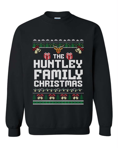 Black family Christmas crewneck sweater with a personalized family name, reindeer, gifts and bells in a knit-style design.