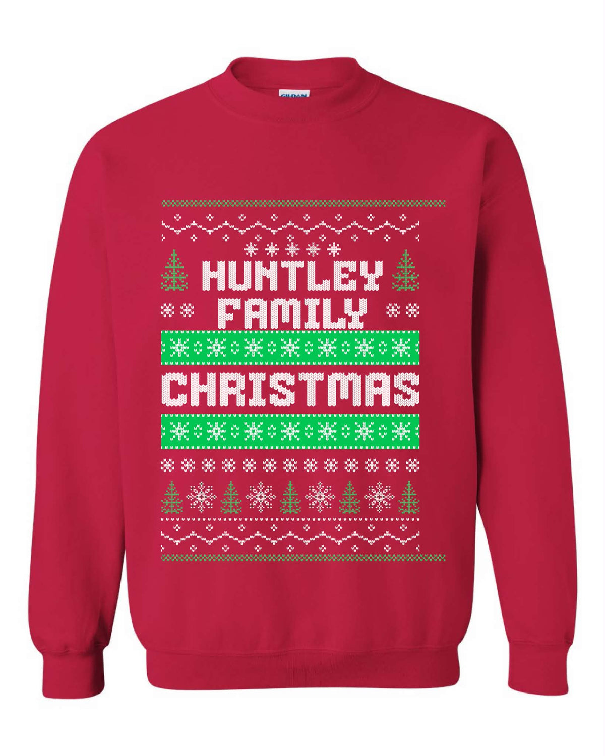 Red personalized Family Christmas crewneck sweater with a family surname, snowflakes and green Christmas trees.