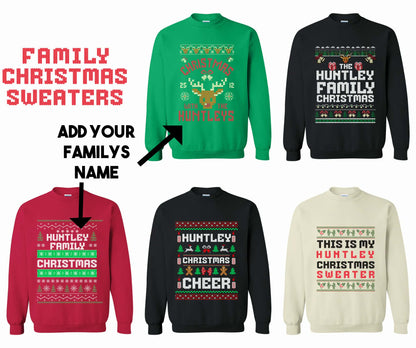 Five personalized family Christmas crewneck sweater designs in black, green, red and cream, with custom family name examples.