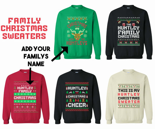 Five personalized family Christmas crewneck sweater designs in black, green, red and cream, with custom family name examples.