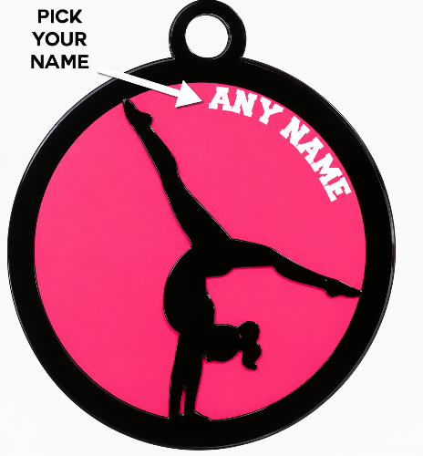 Personalized gymnastics Christmas ornament with a black acrylic gymnast silhouette, pink UV-printed base and custom name.