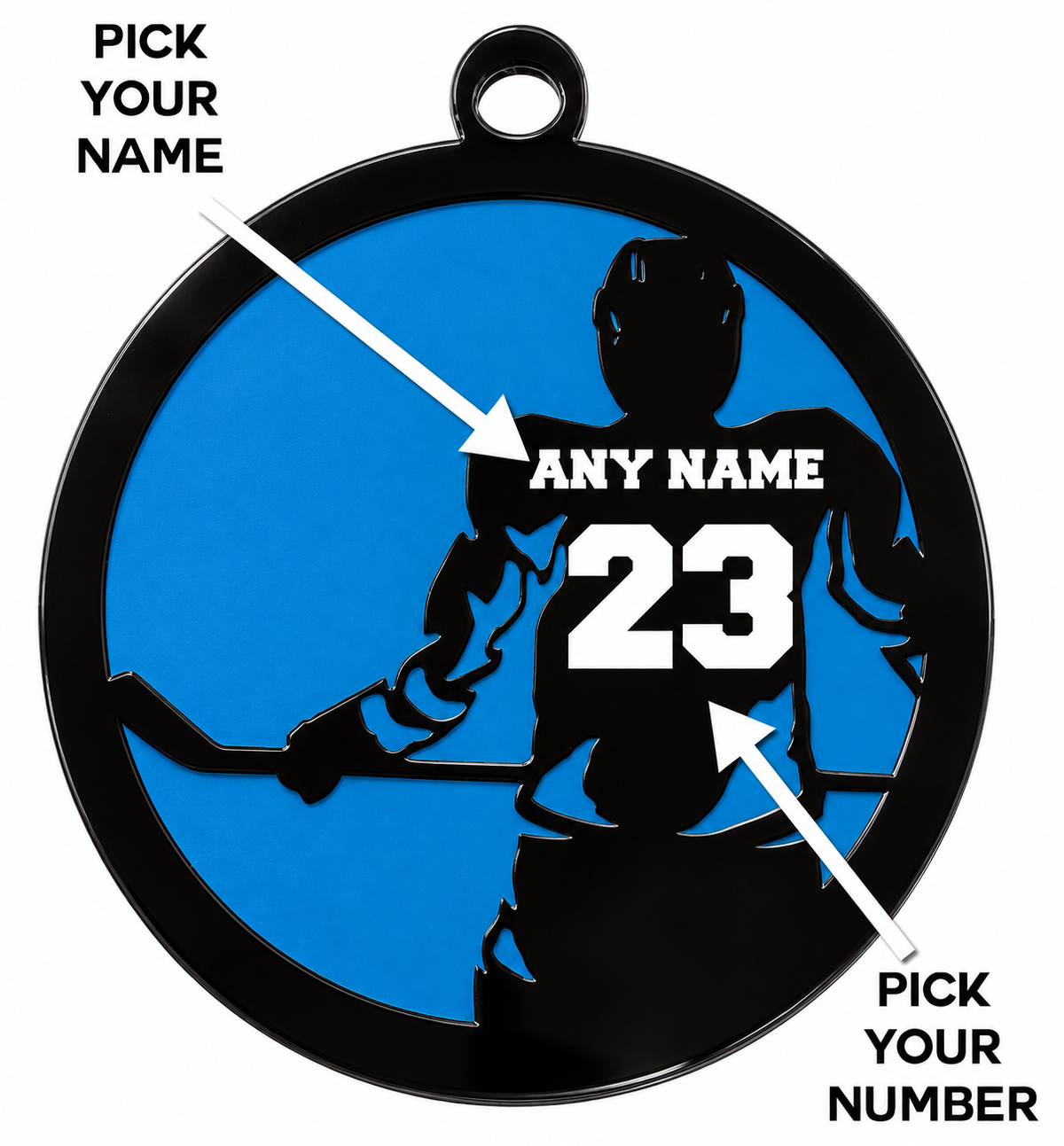 Hockey player Christmas ornament with a black acrylic silhouette, blue UV-printed base and customizable white name and jersey number.