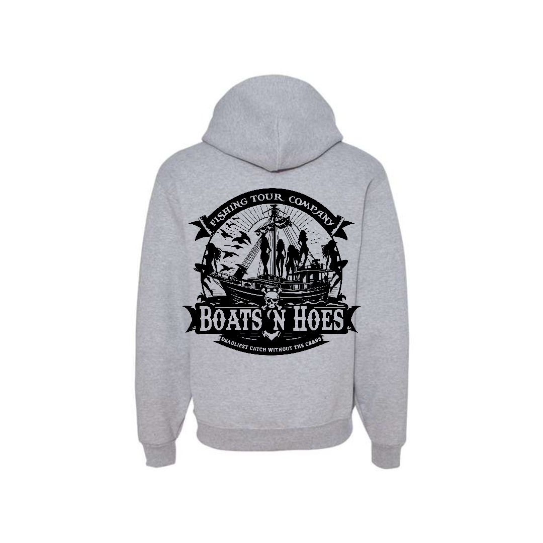 Athletic Heather Prestige Worldwide Boats and Hoes graphic hoodie, back view showing the boats and hoes graphic.