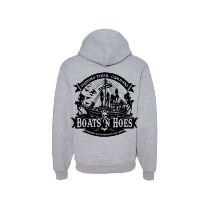 Athletic Heather Prestige Worldwide Boats and Hoes graphic hoodie, back view showing the boats and hoes graphic.