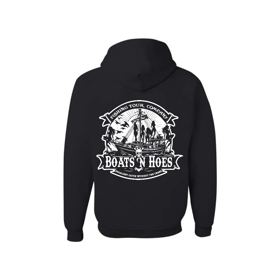 Black Prestige Worldwide Boats and Hoes graphic hoodie, back view showing the boats and hoes graphic.