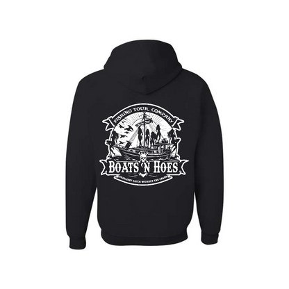 Black Prestige Worldwide Boats and Hoes graphic hoodie, back view showing the boats and hoes graphic.