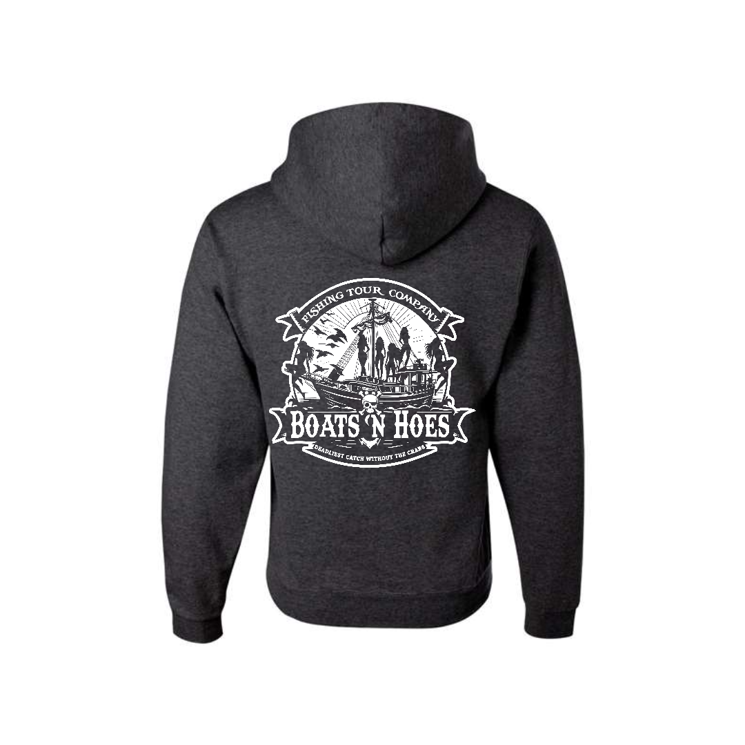 Heather Black Prestige Worldwide Boats and Hoes graphic hoodie, back view showing the boats and hoes graphic.