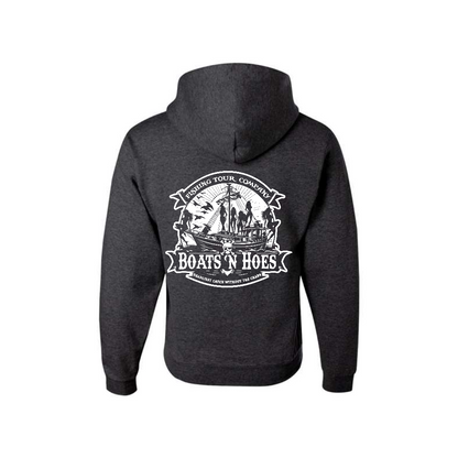 Heather Black Prestige Worldwide Boats and Hoes graphic hoodie, back view showing the boats and hoes graphic.