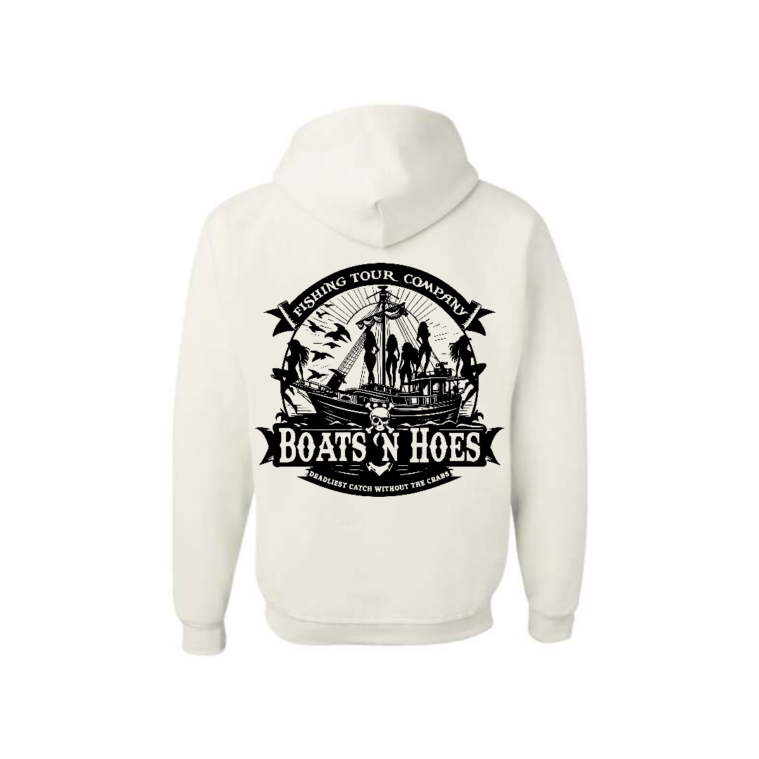 White Prestige Worldwide Boats and Hoes graphic hoodie, back view showing the boats and hoes graphic.