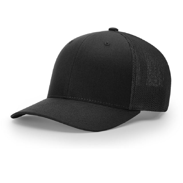 Richardson 110R-Flex stretch fit trucker hat in Black, angled front view.