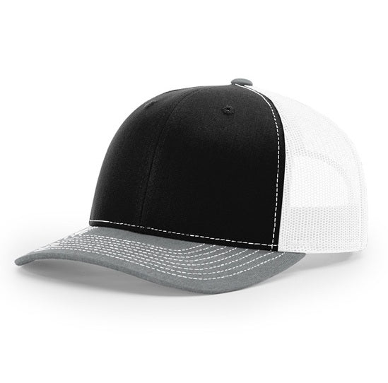 Richardson 112 trucker hat in Black / White / Heather Grey, angled front view.