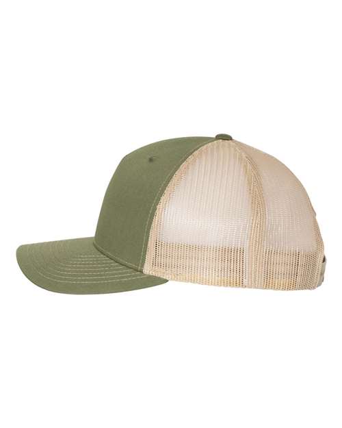 Richardson 112FP five-panel trucker hat in Army Olive Green/ Tan, angled side view.