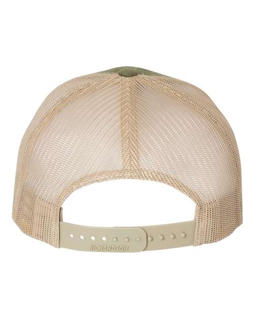 Richardson 112FP five-panel trucker hat in Army Olive Green/ Tan, back view.