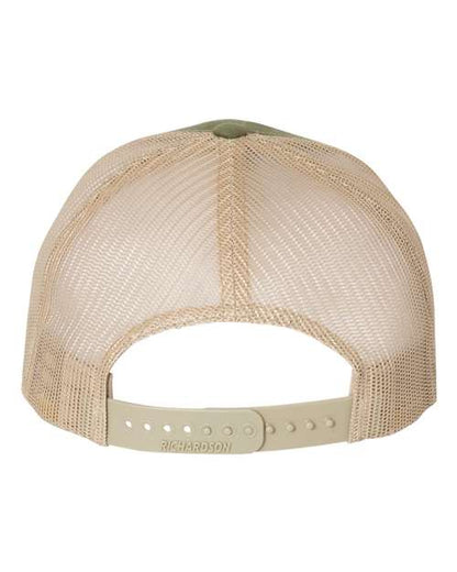 Richardson 112FP five-panel trucker hat in Army Olive Green/ Tan, back view.