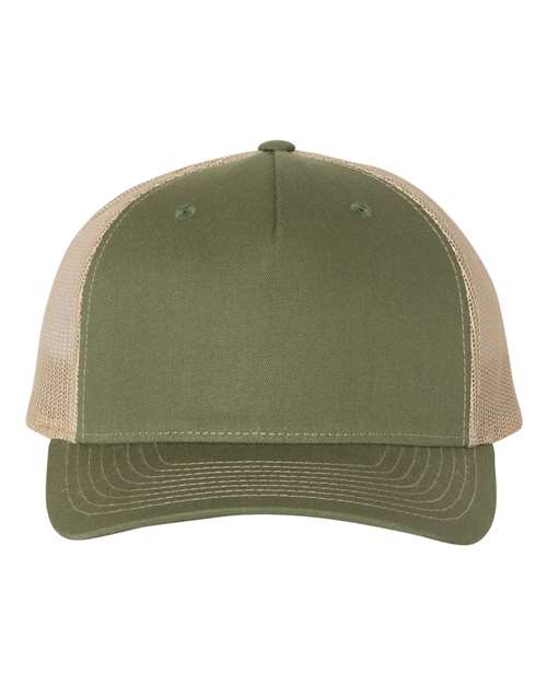 Richardson 112FP five-panel trucker hat in Army Olive Green/ Tan, front view.