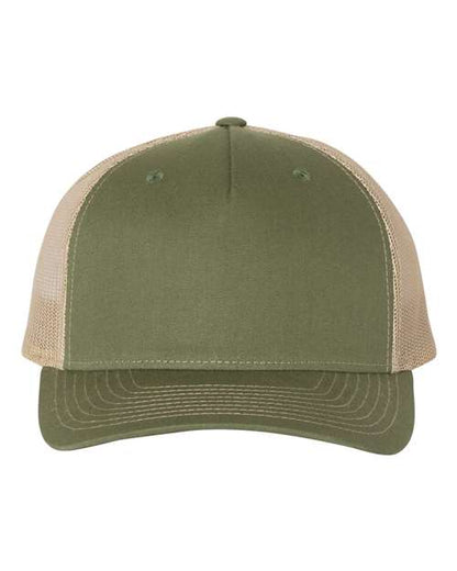 Richardson 112FP five-panel trucker hat in Army Olive Green/ Tan, front view.