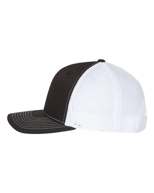 Richardson 112FP five-panel trucker hat in Black/ White, angled side view.