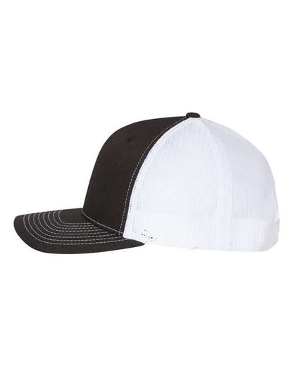 Richardson 112FP five-panel trucker hat in Black/ White, angled side view.