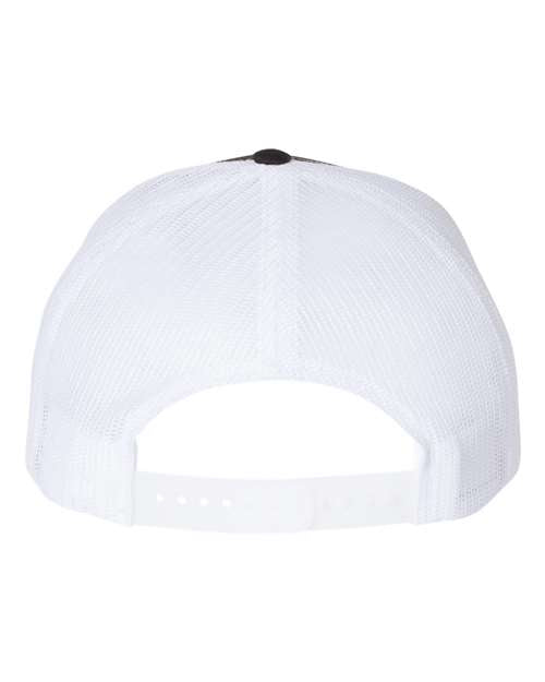 Richardson 112FP five-panel trucker hat in Black/ White, back view.