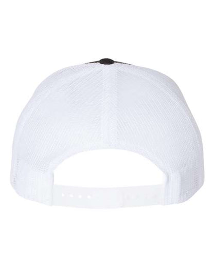 Richardson 112FP five-panel trucker hat in Black/ White, back view.