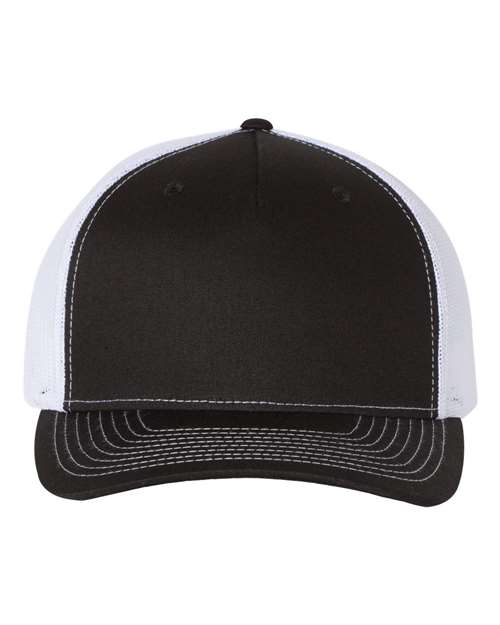 Richardson 112FP five-panel trucker hat in Black/ White, front view.