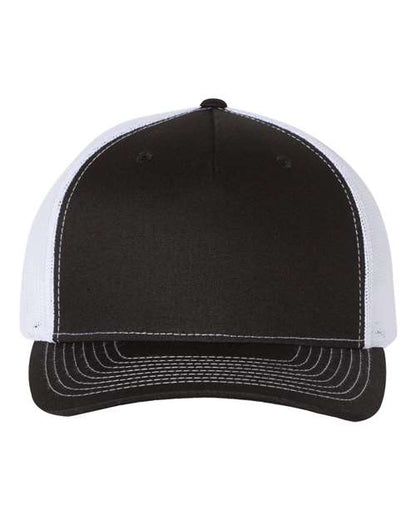 Richardson 112FP five-panel trucker hat in Black/ White, front view.